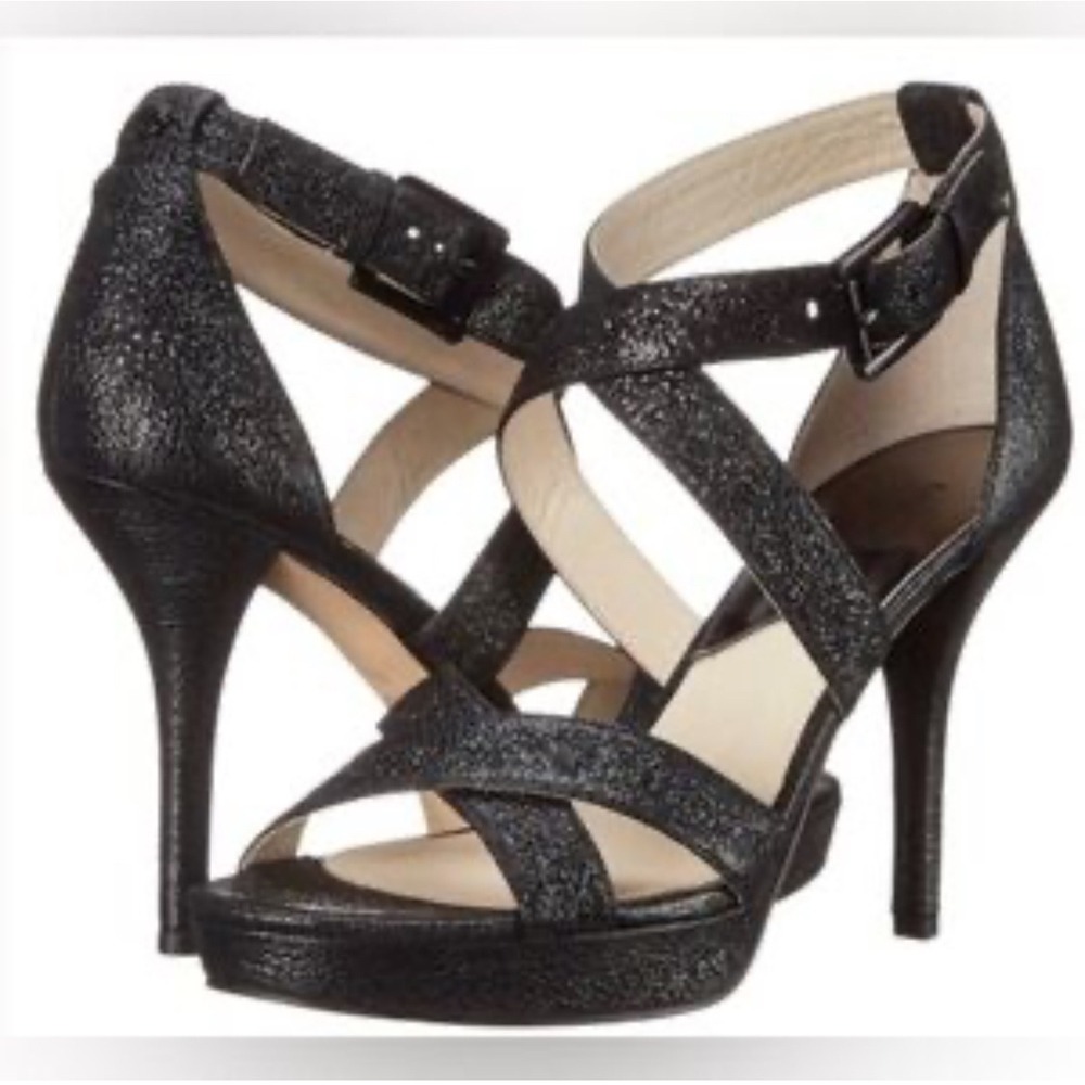 Michael Kors Black Glitter Strappy‎ Platform Stiletto High Heel Sandals 8.5M